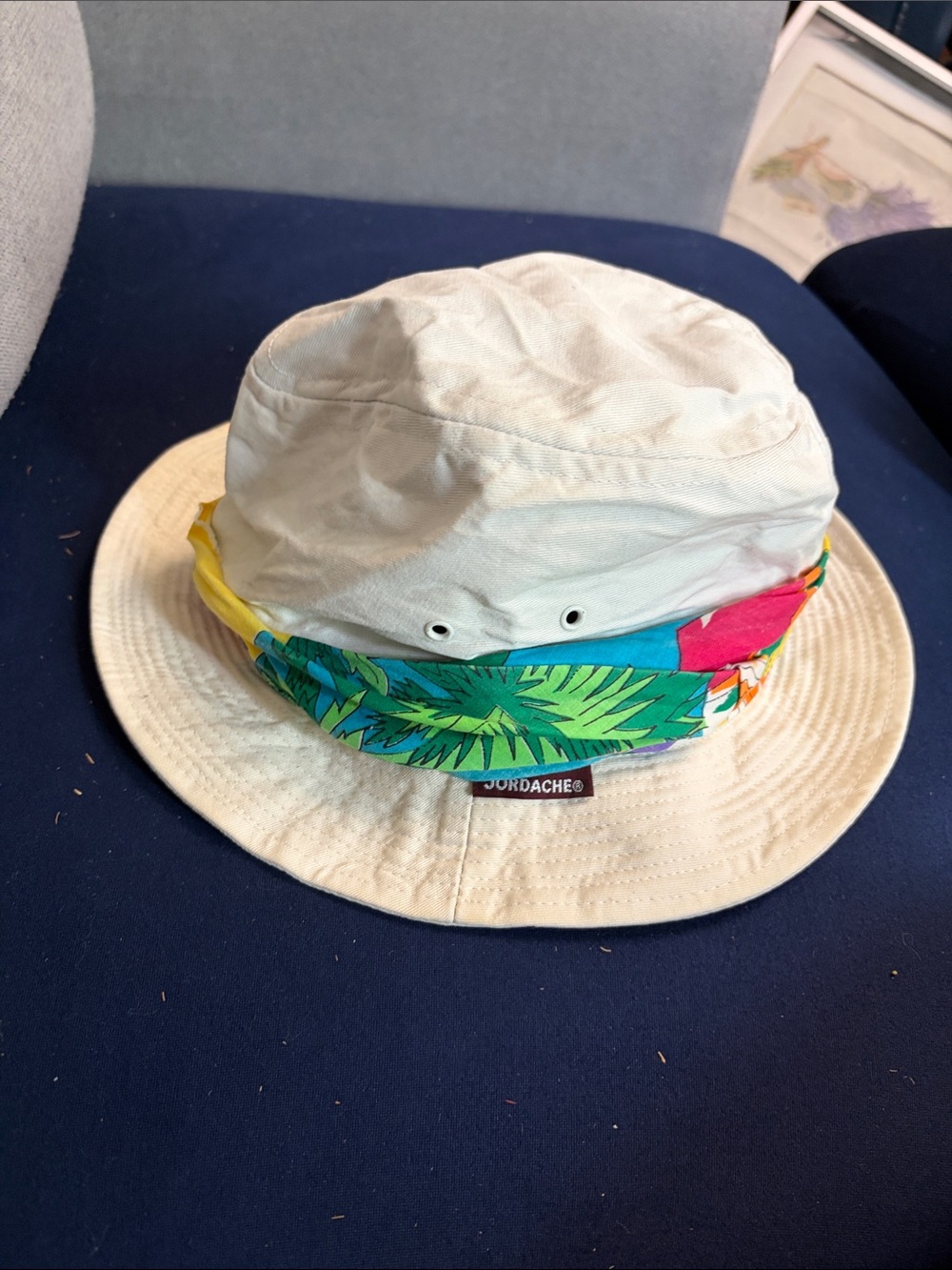 Jordache Cream Bucket Hat with Tropical Green & Pink Band